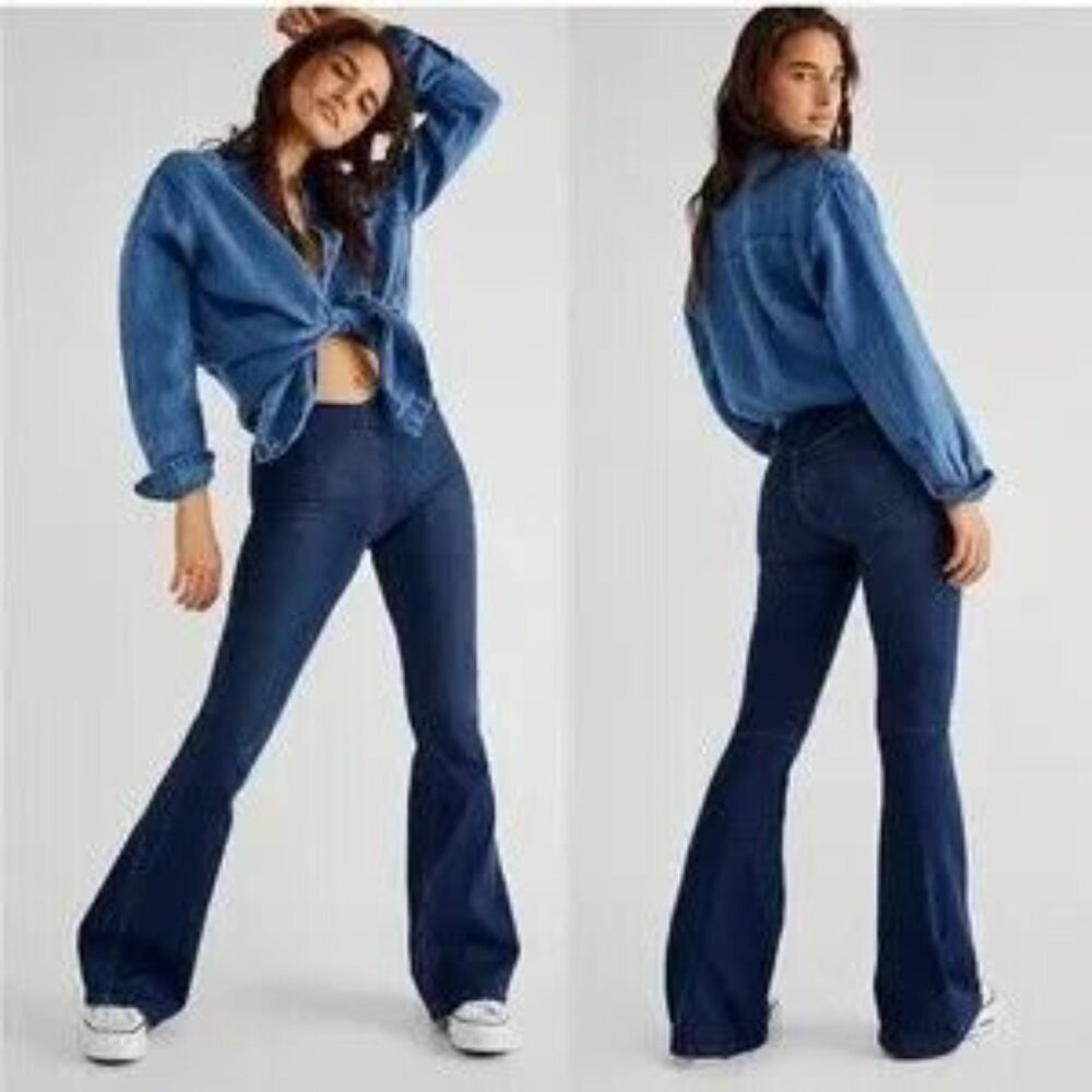 Free People We The Free‎ Dark Wash Penny Pull On Flare Boho Jeans
